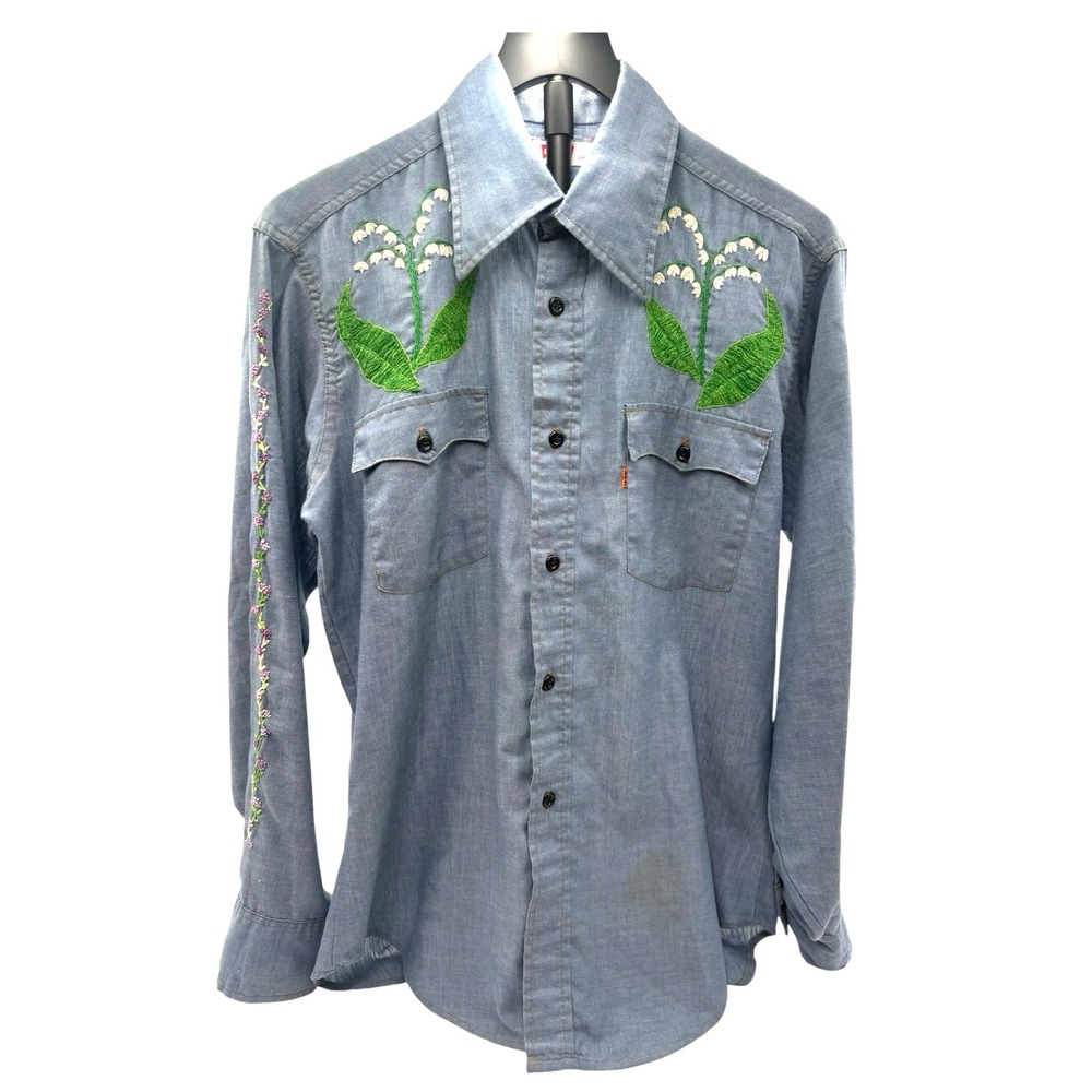 1970s Levi's Orange Tab Chambray Large Shirt Hand Embroidered Florals Vintage